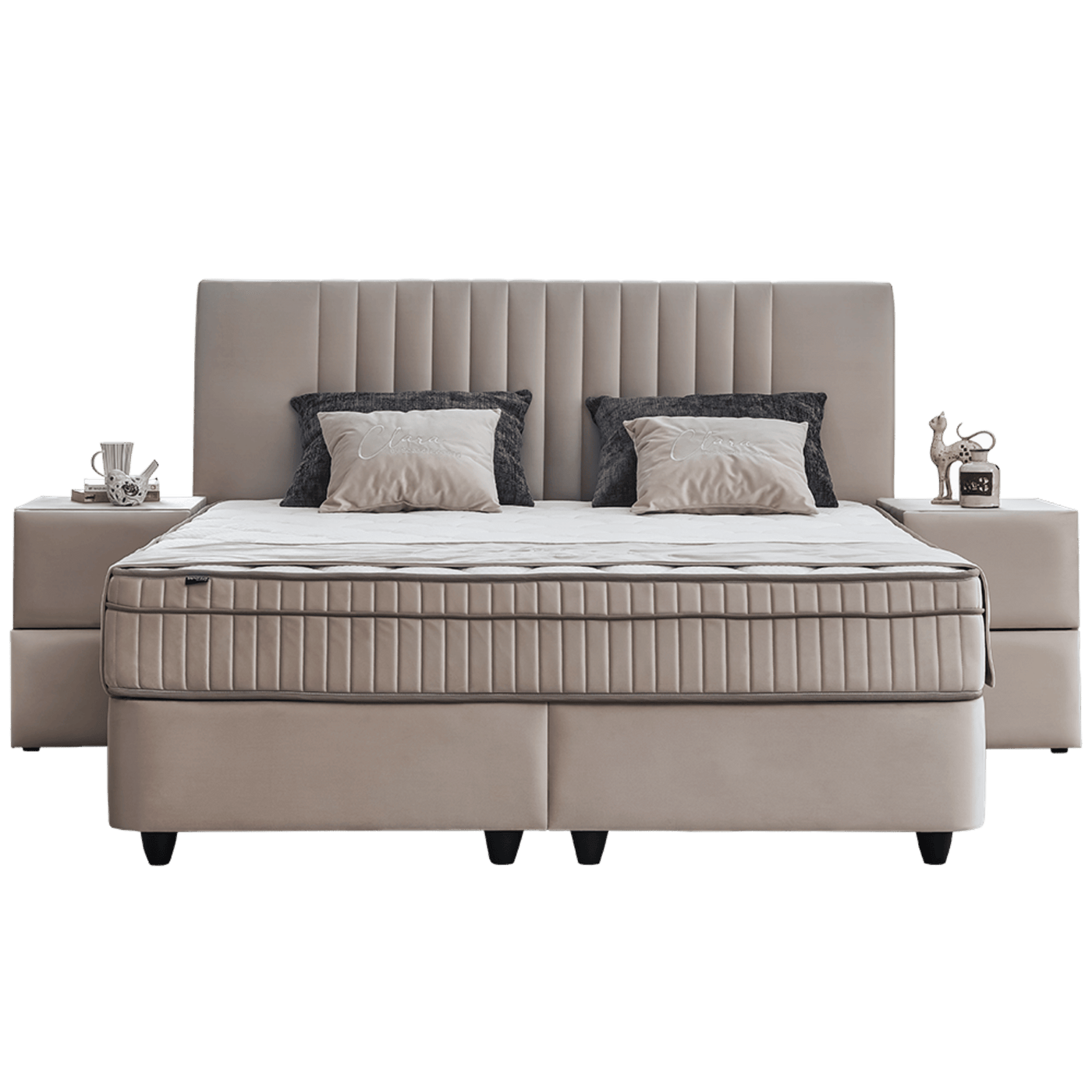 Lit Clara Beige — Boxspring velours à coffres