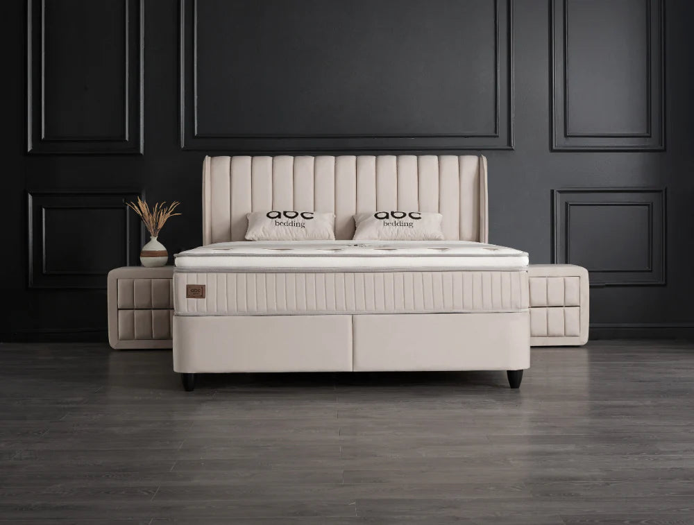 Lit Mabel — Boxspring beige, coffre & bout de lit inclus