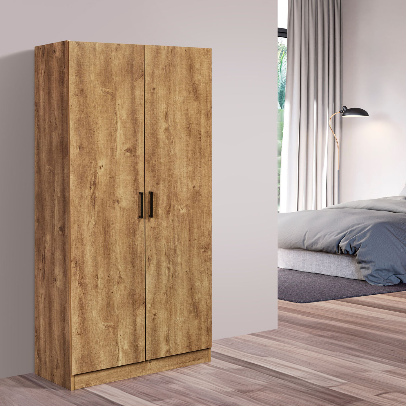 Rangement Wilson en décor papier sur panneaux de particules DENVER OAK, armoire 2 portes chêne clair mise en situation dans une chambre lumineuse au sol parquet