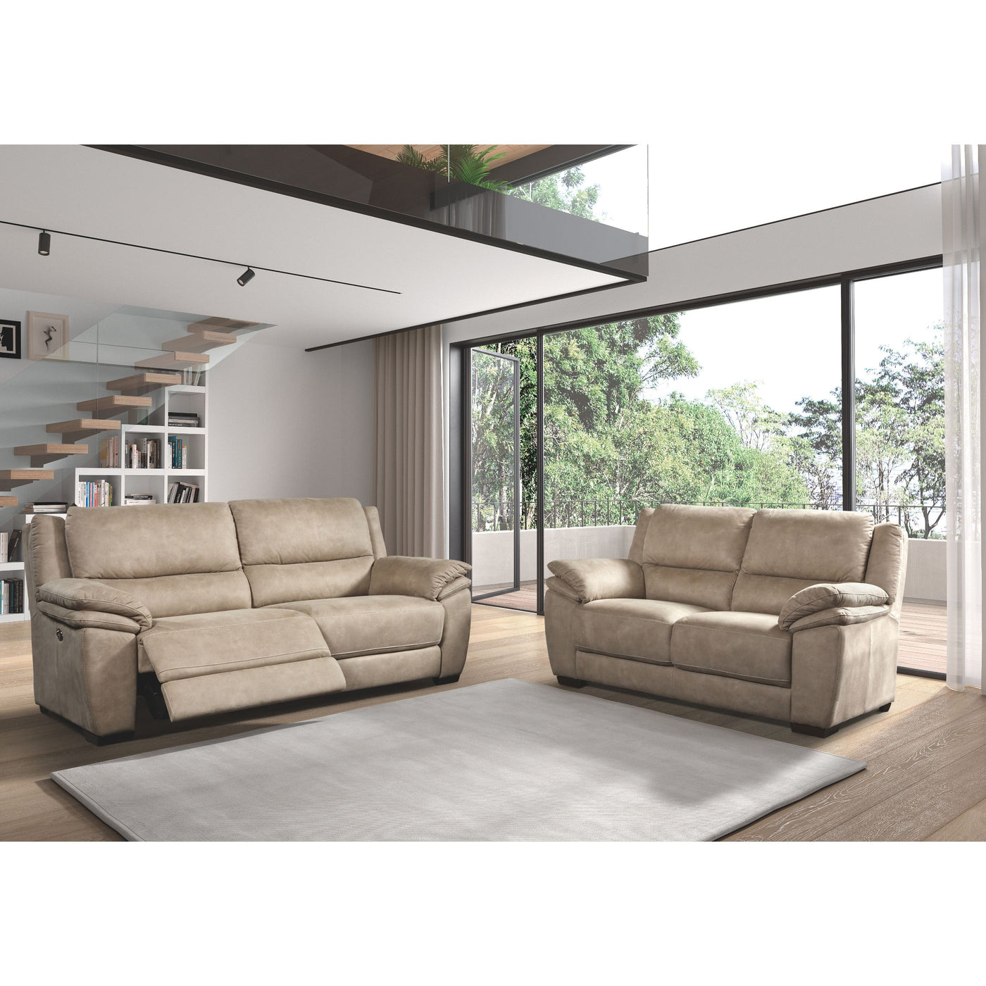 Canapé Kilimanjaro 3 places et 2 places en tissu microfibre cappuccino, vue de face dans un intérieur lumineux