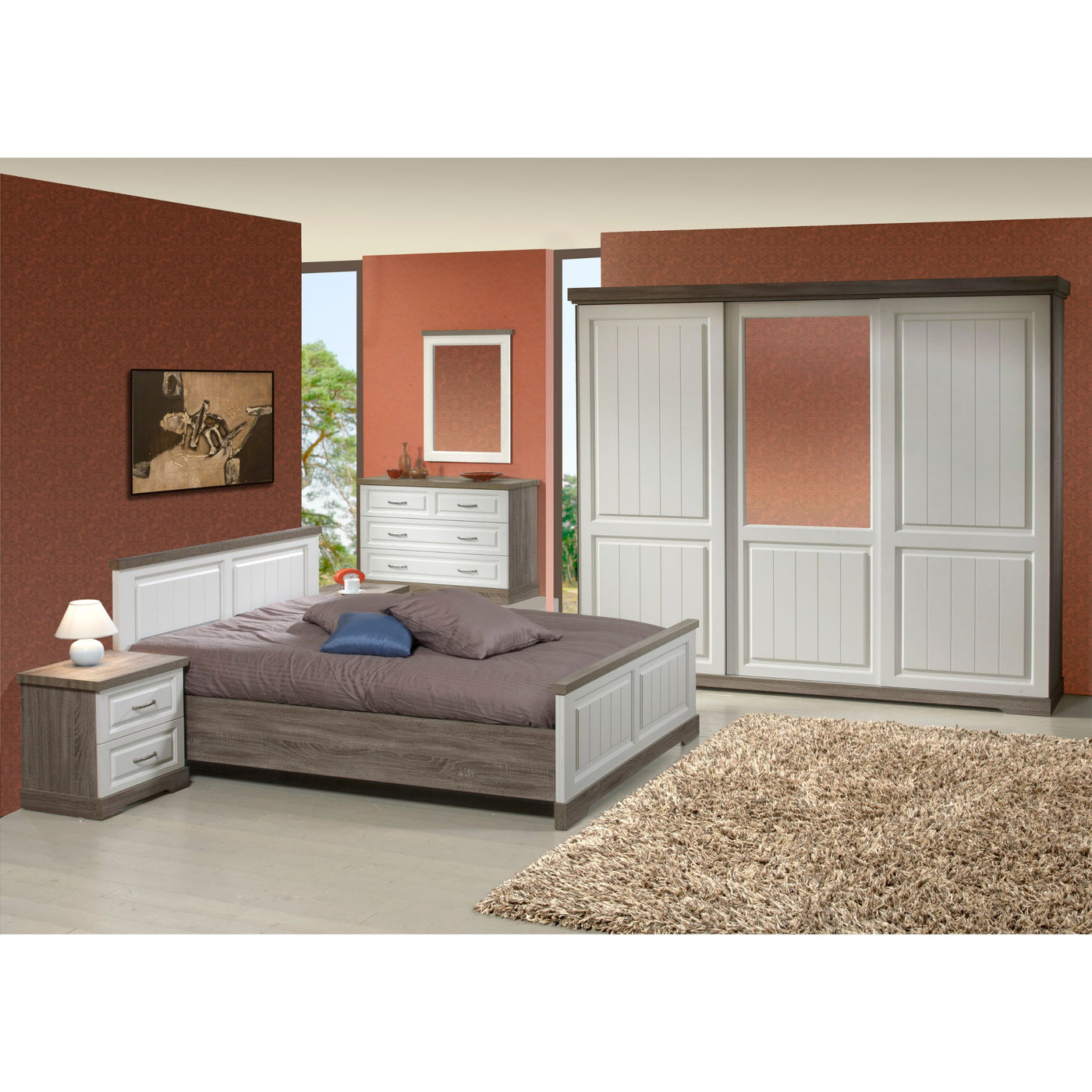 ambiance | Chambre Ivette avec armoire à portes coulissantes et miroir, lit double et commode, finition TRUFFLE + PORCELAINE