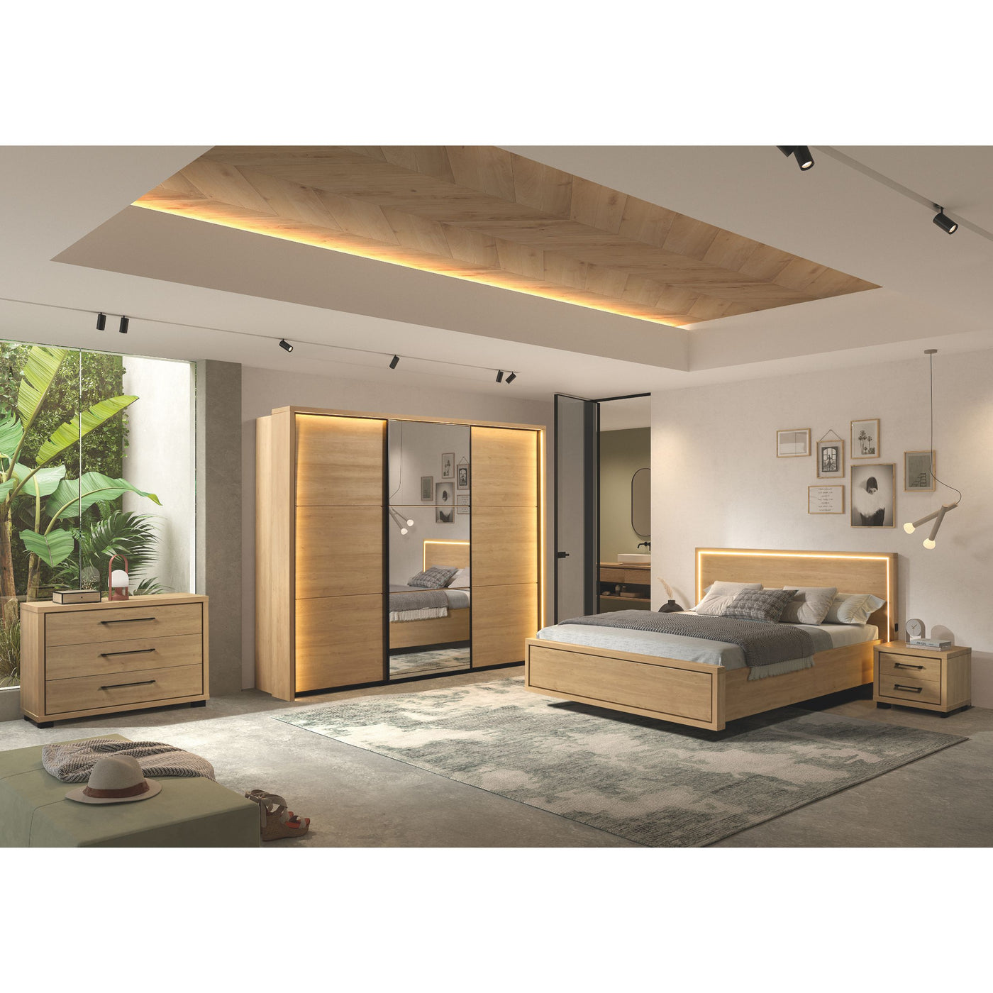 Vue d'ensemble chambre Udine URBAN OAK avec commode, armoire coulissante, lit LED et chevet