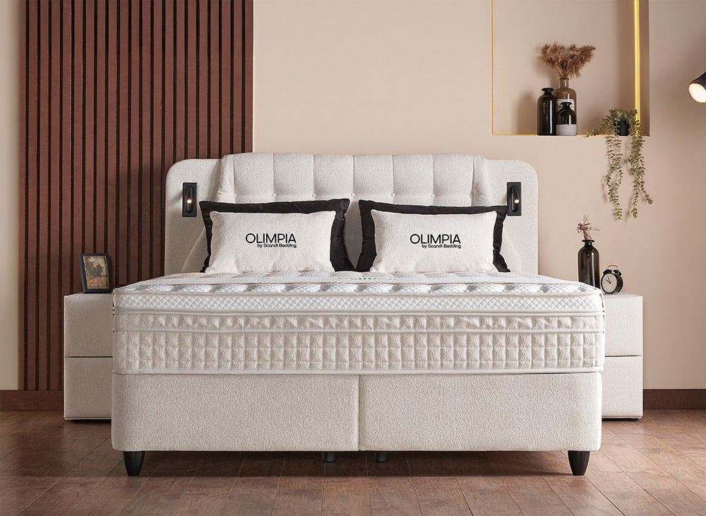 Lit Olimpia — Boxspring bouclé à coffres de rangement