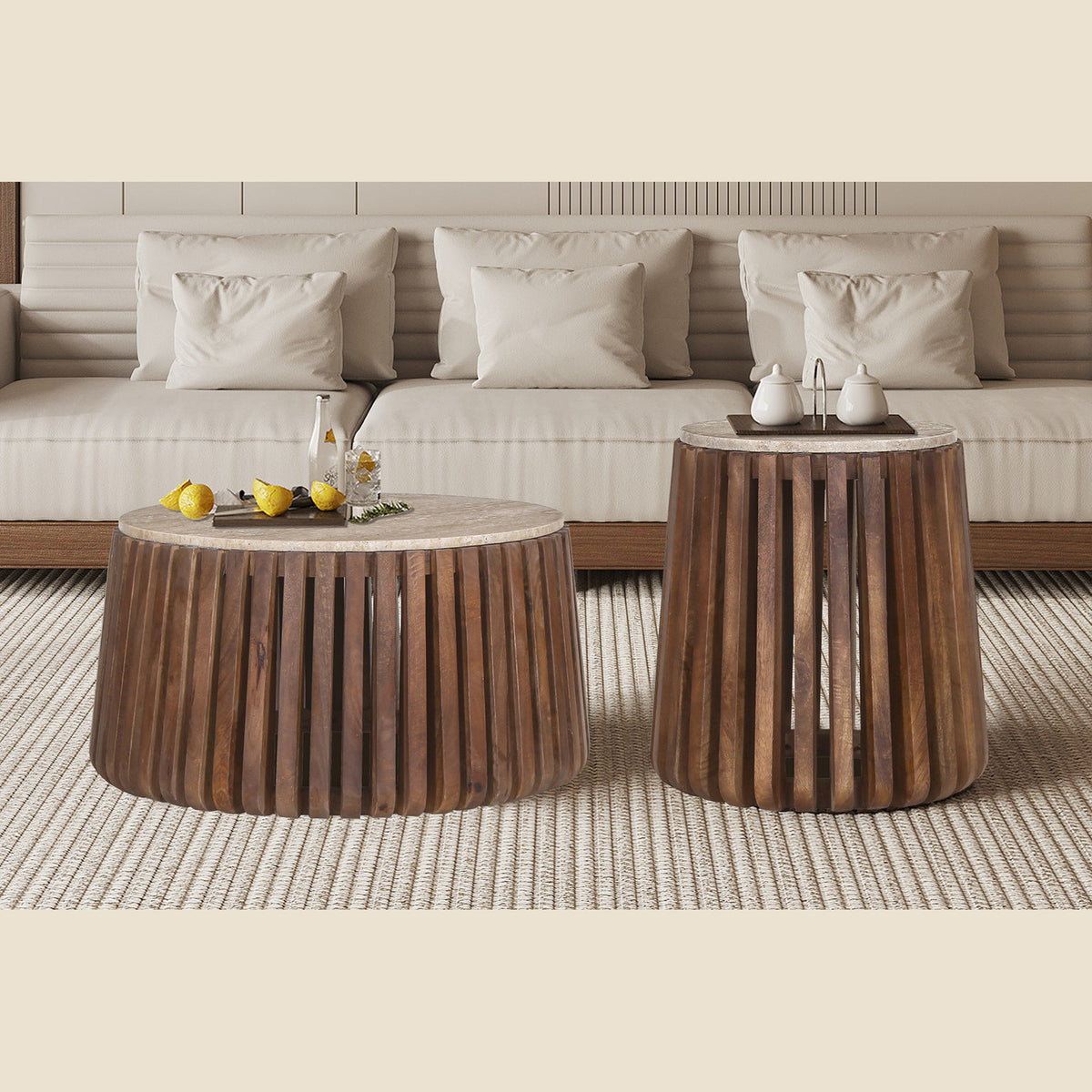 Table basse Luuk — Ronde, manguier et travertin