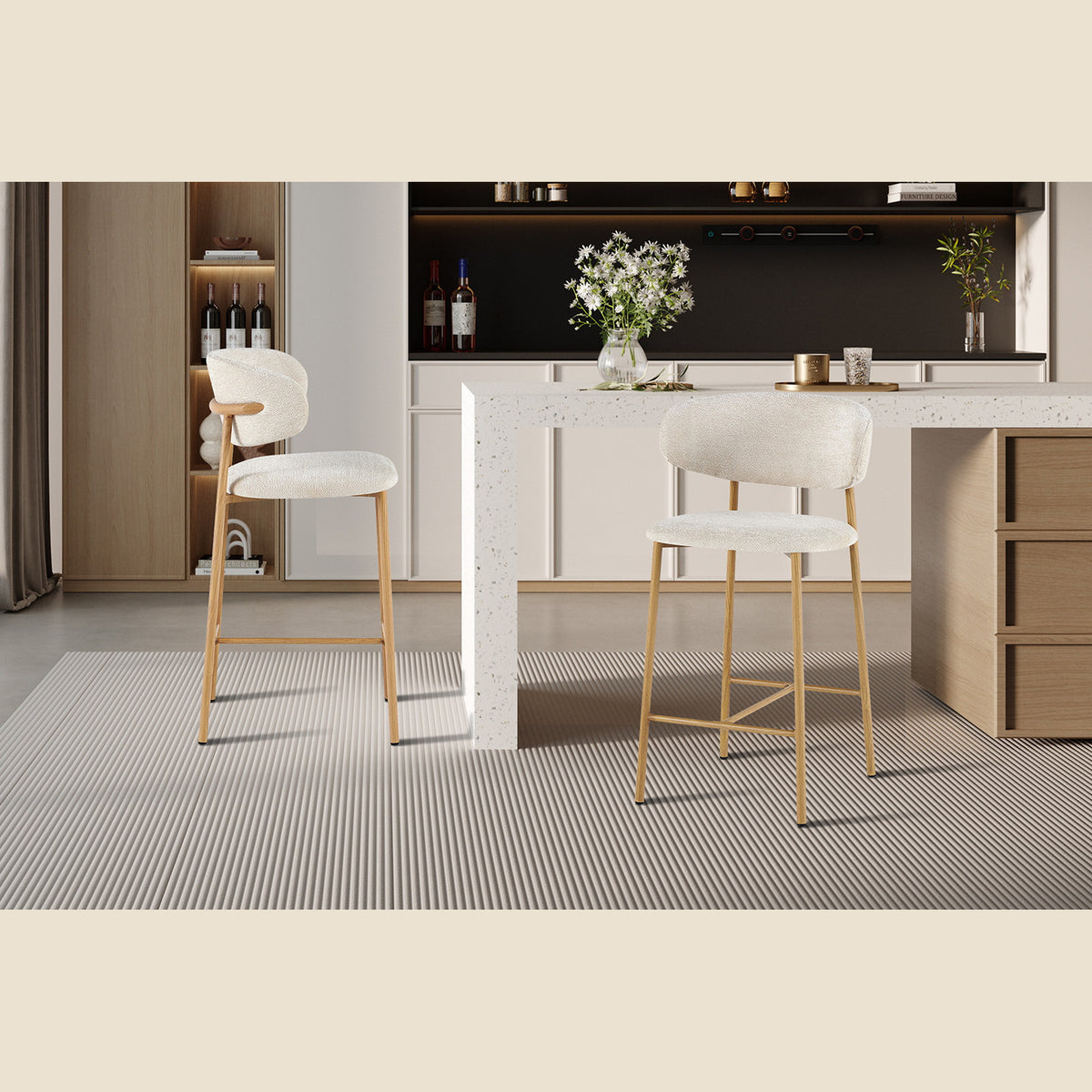 Chaise de comptoir Coco — Tissu chiné, pied naturel ou noyer