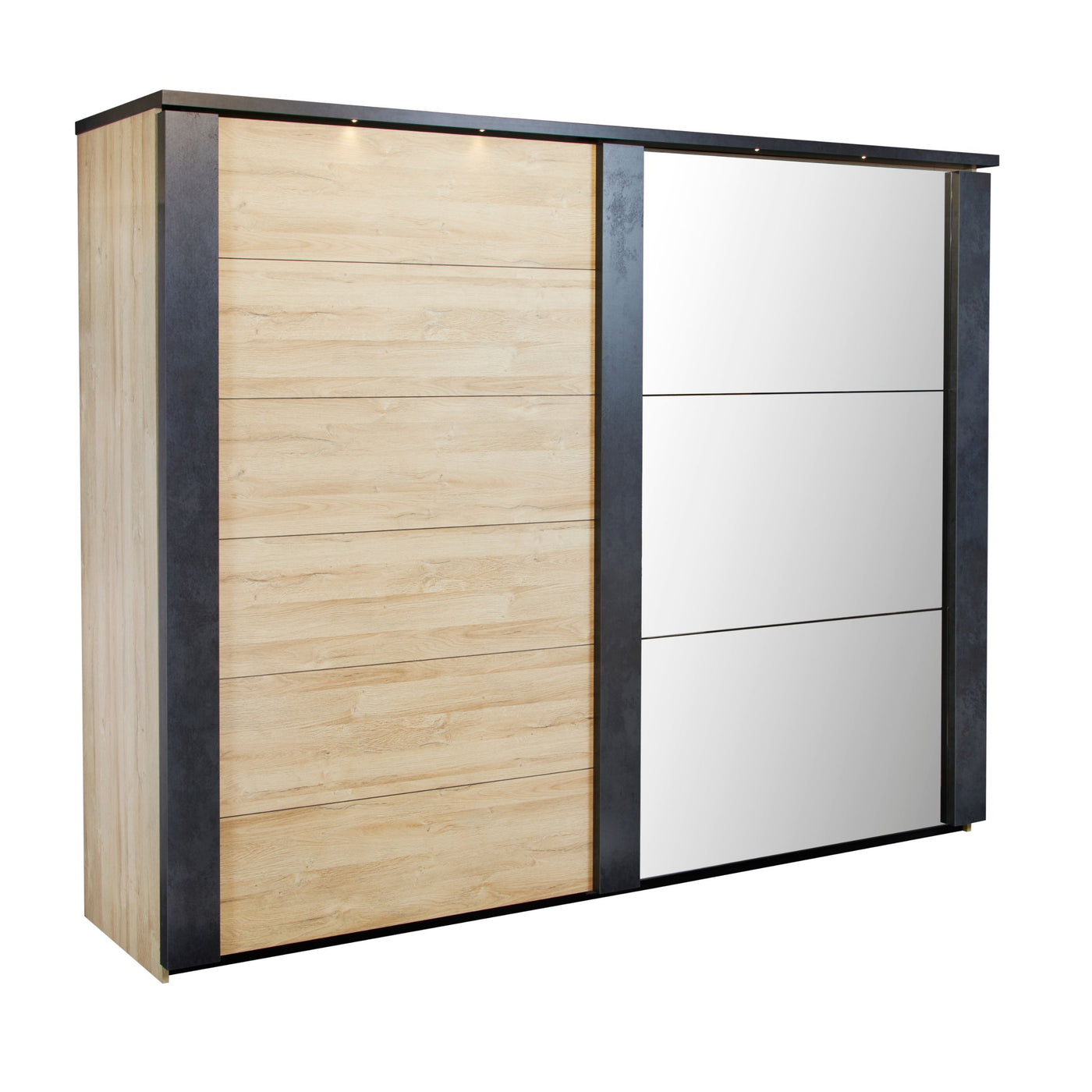 Armoire 2 portes coulissantes Phaedra 217 cm fermée : porte FRENCH OAK et porte miroir, corniche NOX avec éclairage LED