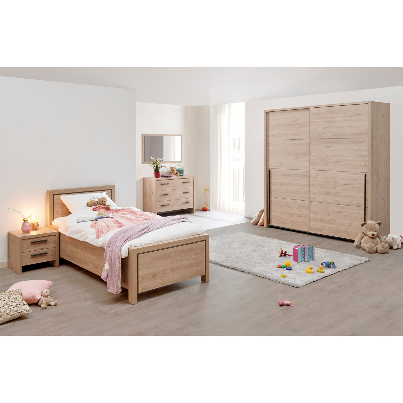 Chambre d'enfant Viola CASTELLA avec armoire coulissante 200 cm, lit 90, chevet et commode