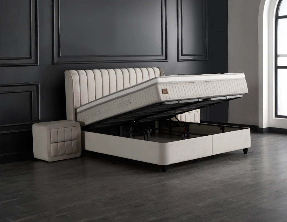 Lit Mabel — Boxspring beige, coffre & bout de lit inclus