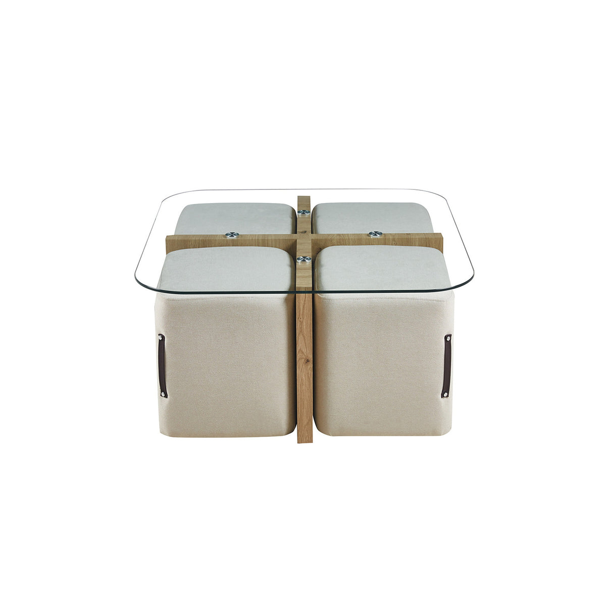 Table basse Shana avec 4 poufs — Verre & chêne