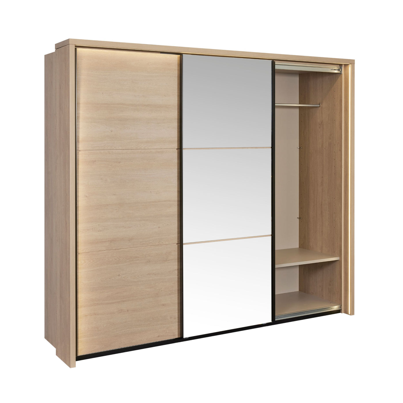 Intérieur de l'armoire Udine : section droite ouverte avec penderie et étagères