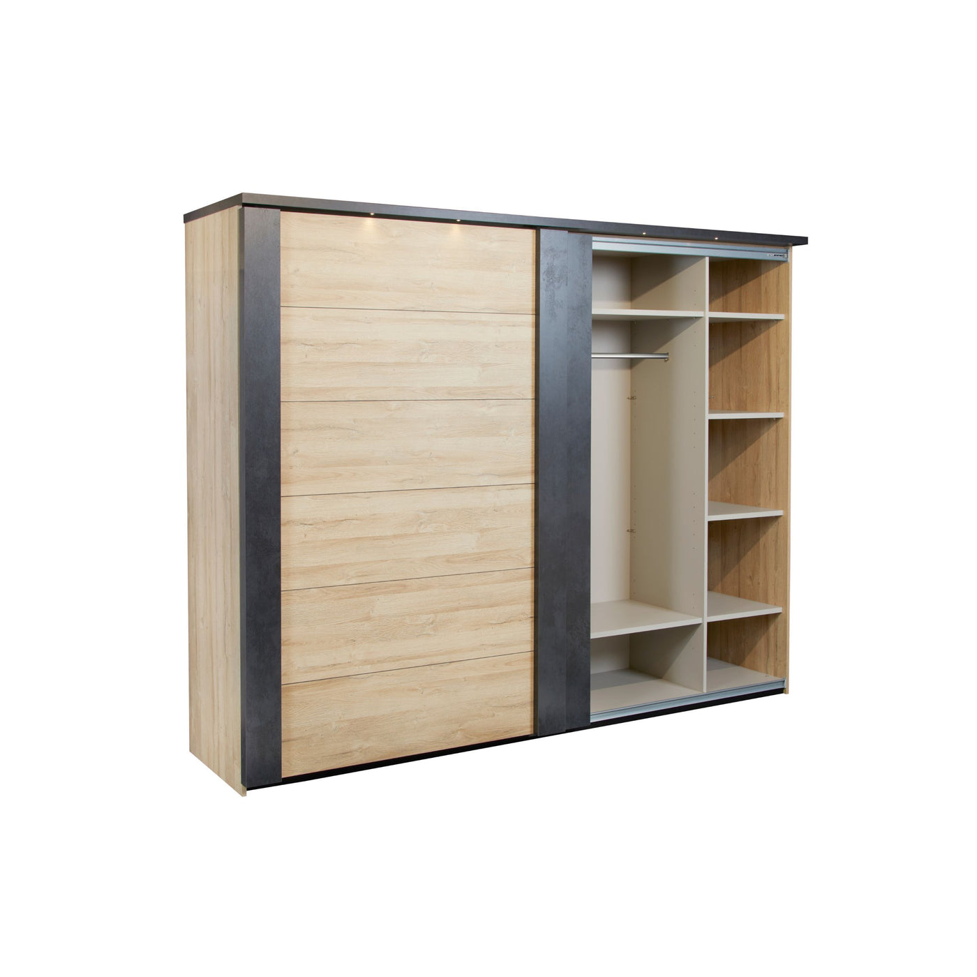 Intérieur armoire Phaedra côté FRENCH OAK : penderie et colonne d'étagères, rail coulissant