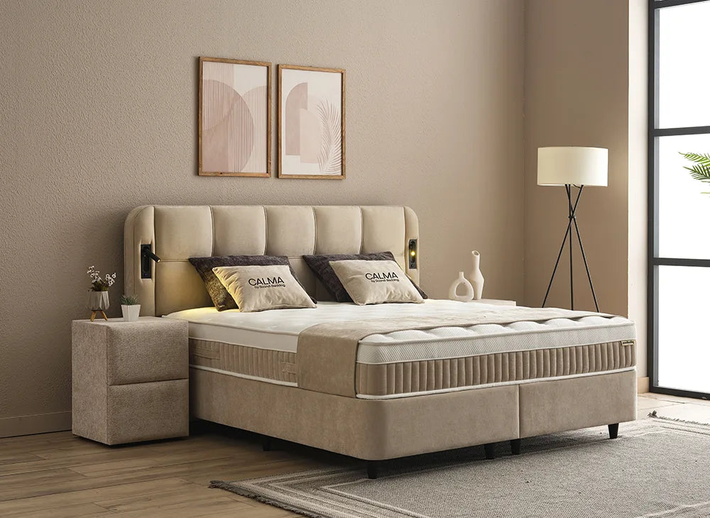 Lit Calma — Boxspring à coffres et tête de lit lumineuse