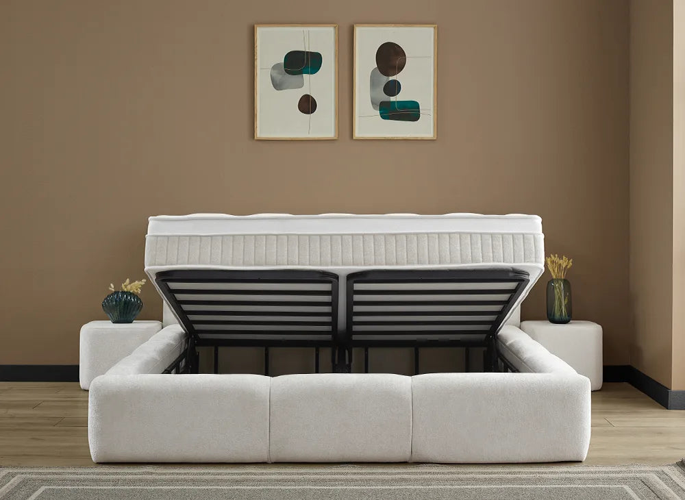 Lit Esila — Boxspring Japandi à coffres de rangement