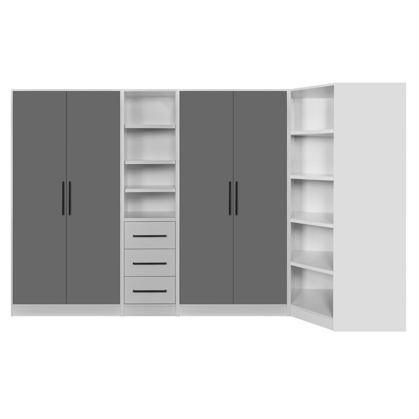 Rangement Systemix en décor papier sur panneaux de particules BLANC / ANTHRACITE, vue de trois quarts opposée avec armoires anthracite, module d'angle blanc et colonnes d'étagères ouvertes