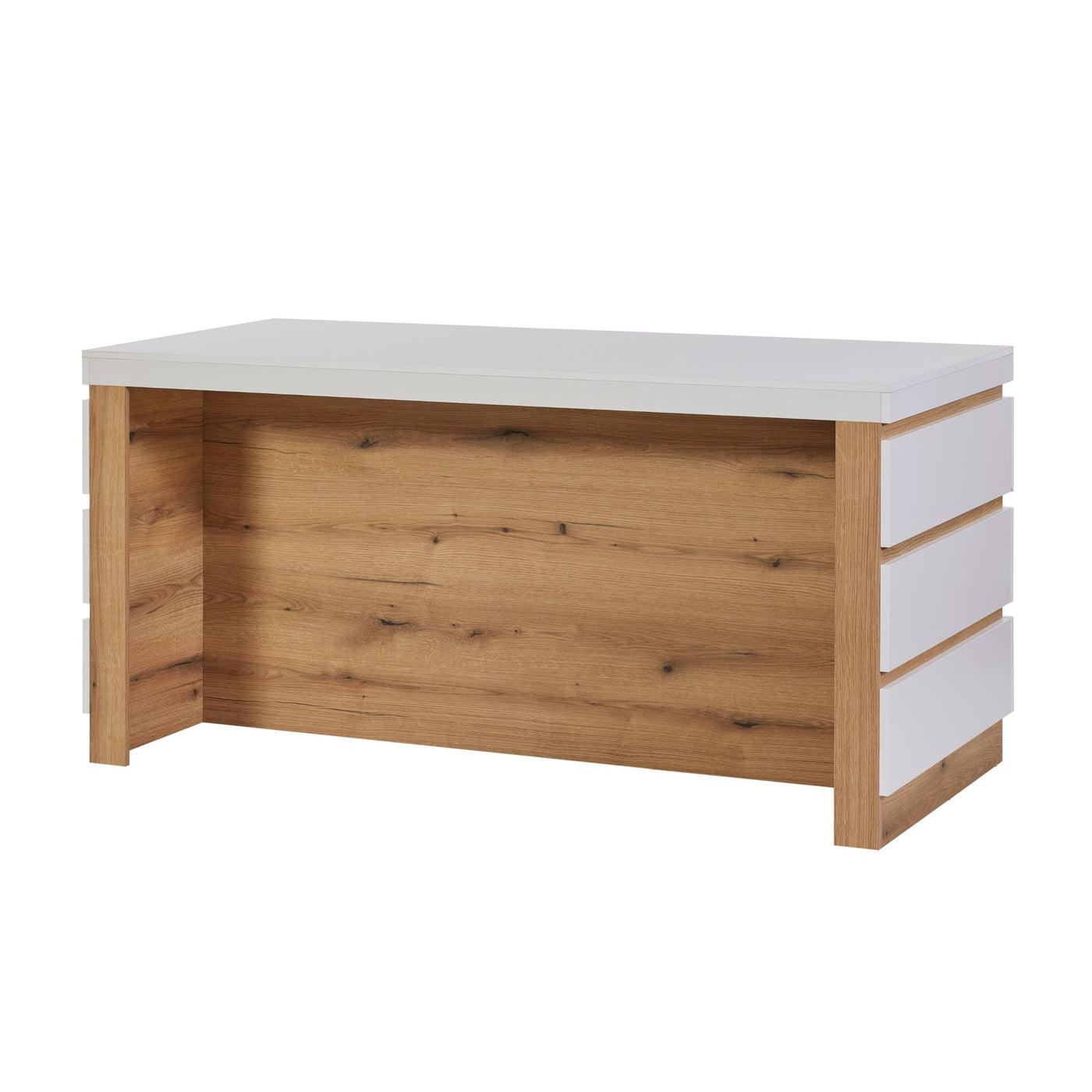 Rangement Urbino en panneaux revêtus WIT (blanc), buffet bas vu de profil dévoilant la structure ouverte et les panneaux latéraux en chêne