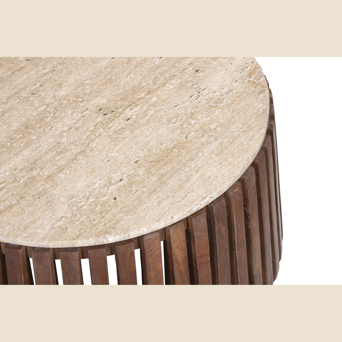 Table basse Luuk — Ronde, manguier et travertin