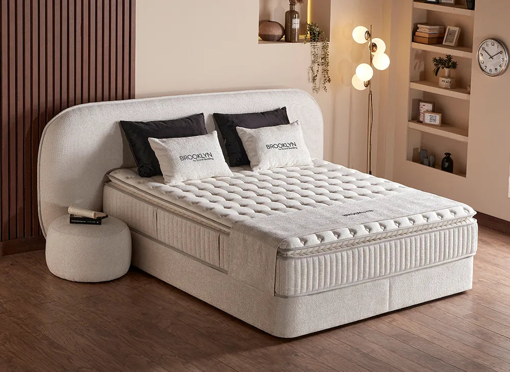 Lit Brooklyn — Boxspring bouclé à coffres de rangement
