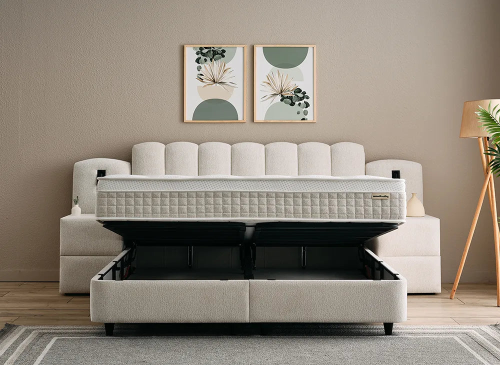 Lit Dream — Boxspring bouclé à coffres de rangement