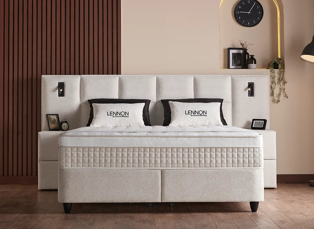 Lit Lennon — Boxspring bouclé à coffres et liseuses