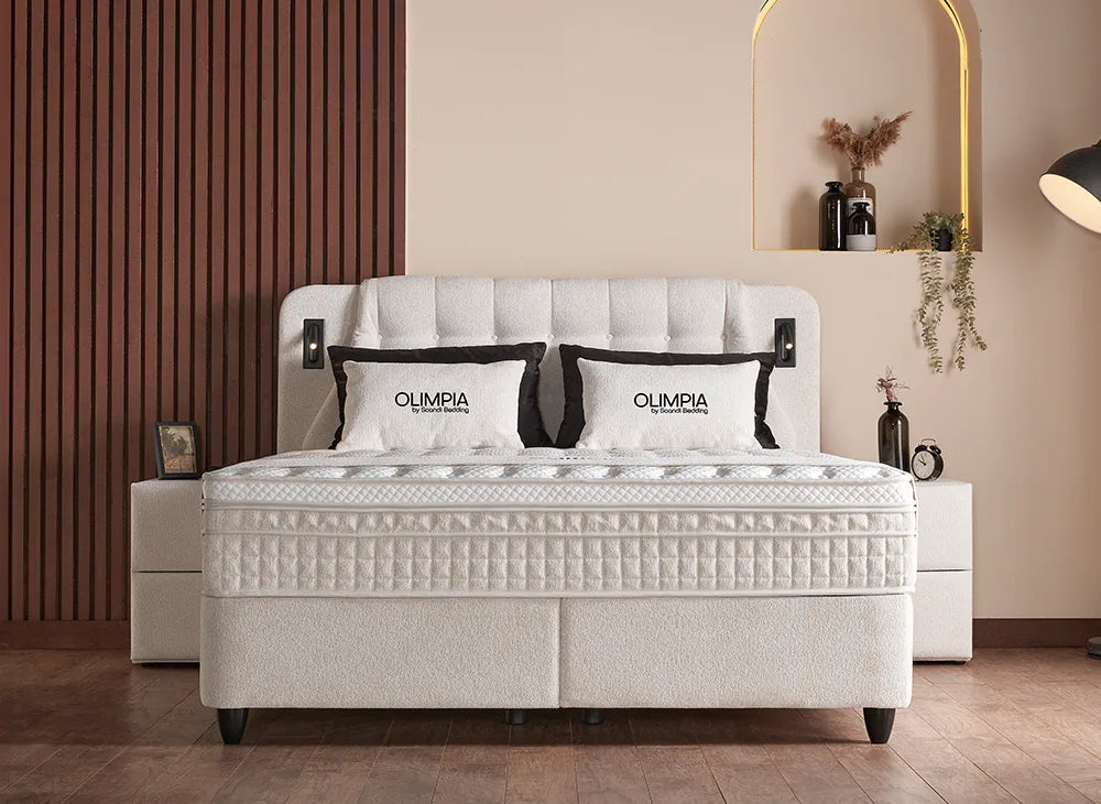 Lit Olimpia — Boxspring bouclé à coffres de rangement