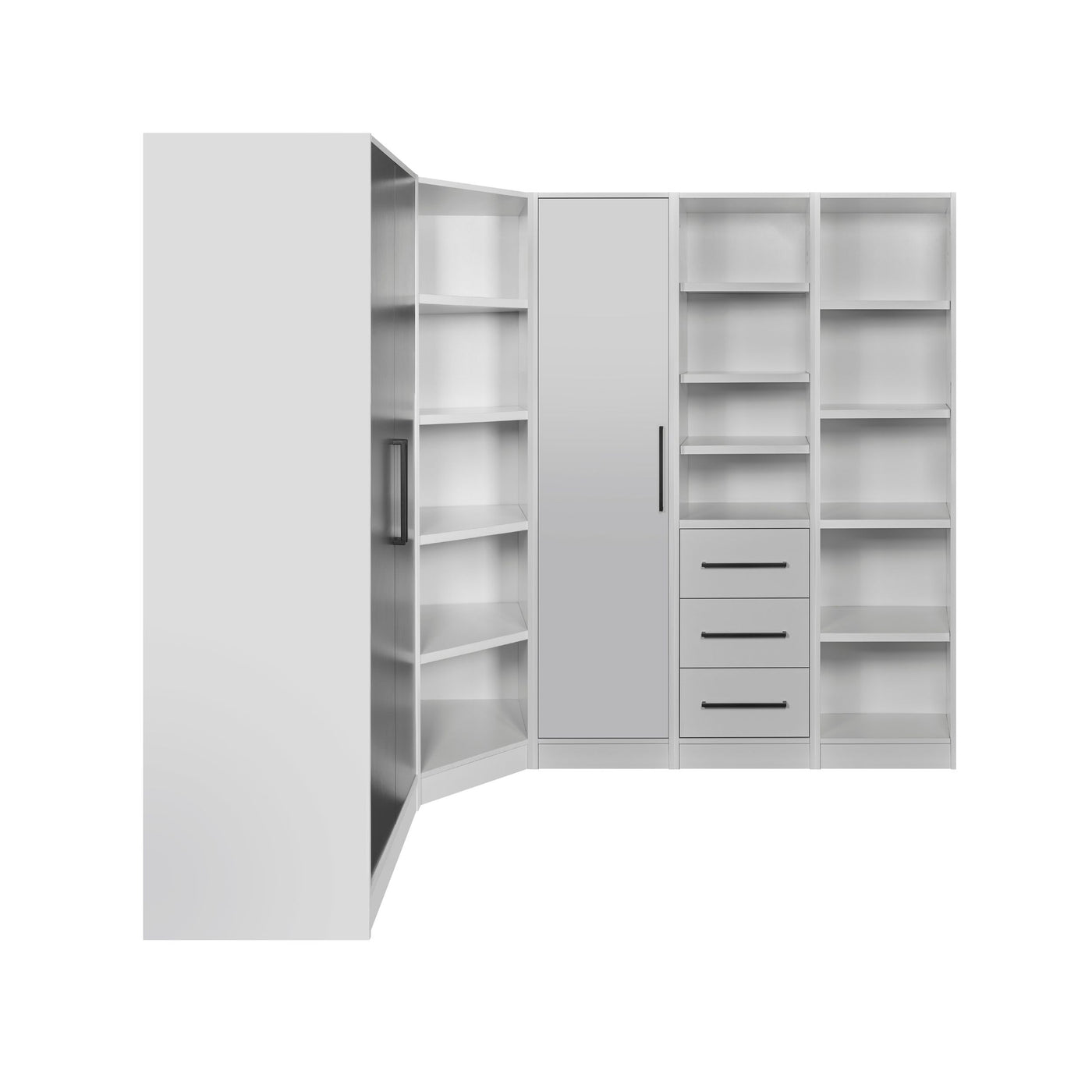 Rangement Systemix en décor papier sur panneaux de particules BLANC / ANTHRACITE, vue de trois quarts montrant le module d'angle, une porte anthracite et plusieurs colonnes d'étagères ouvertes