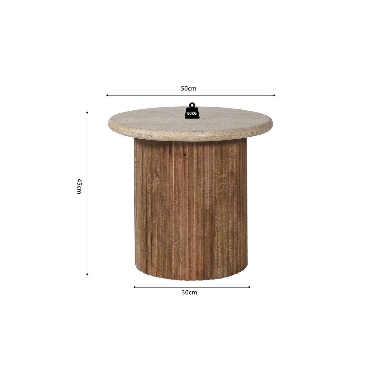 Table d'appoint Louis — 50 cm, manguier et travertin
