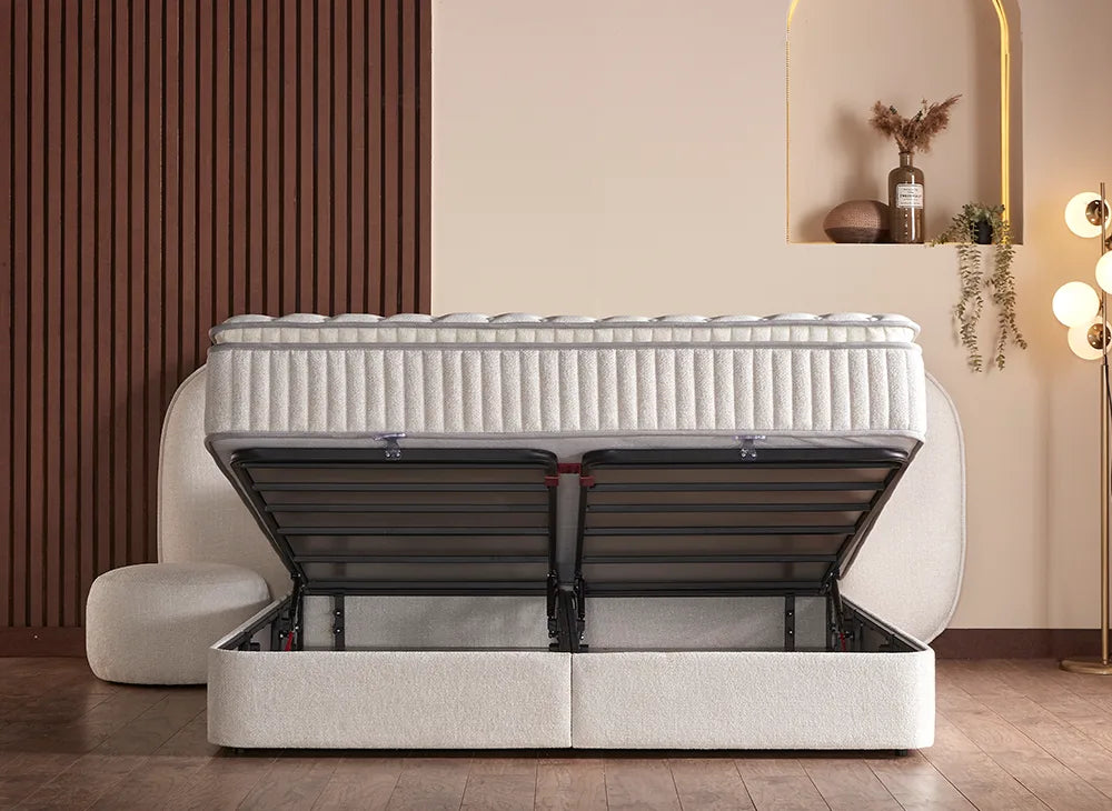 Lit Brooklyn — Boxspring bouclé à coffres de rangement
