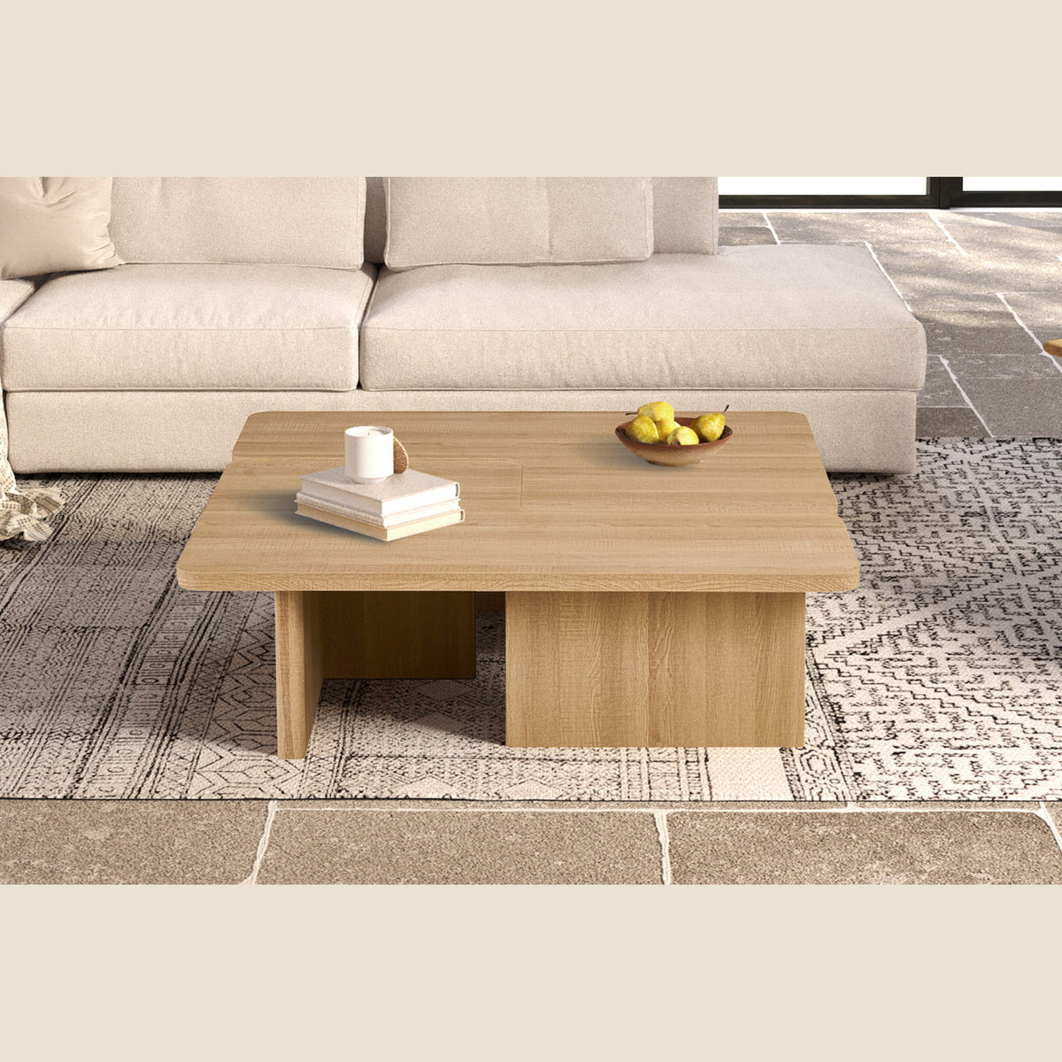 Table basse Arallo 120×120 — Travertin ou chêne