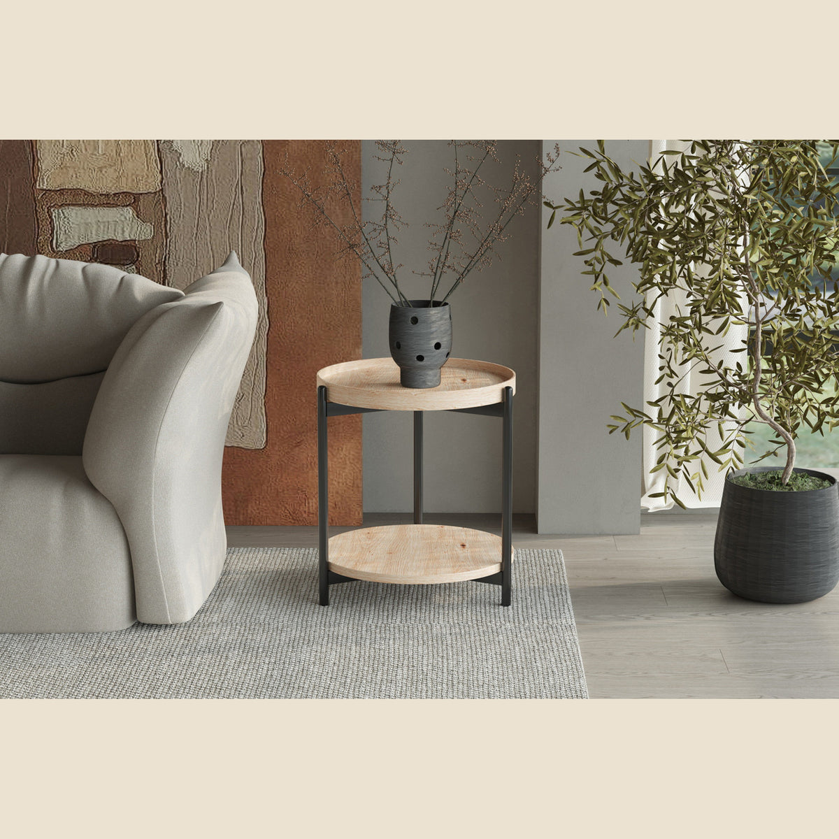 Table basse Dalina — Plateau rond, décor chêne vieilli