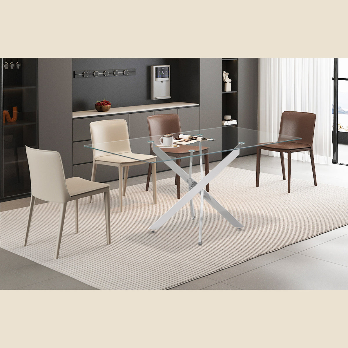 Table Lasi — Verre trempé, pieds chromés