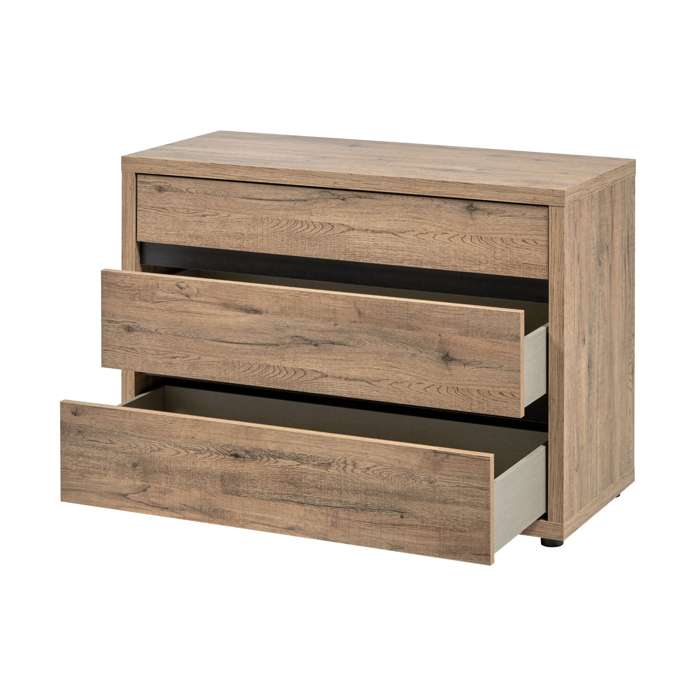 Commode Olivia 3 tiroirs SCARLET OAK, deux tiroirs ouverts en softclose