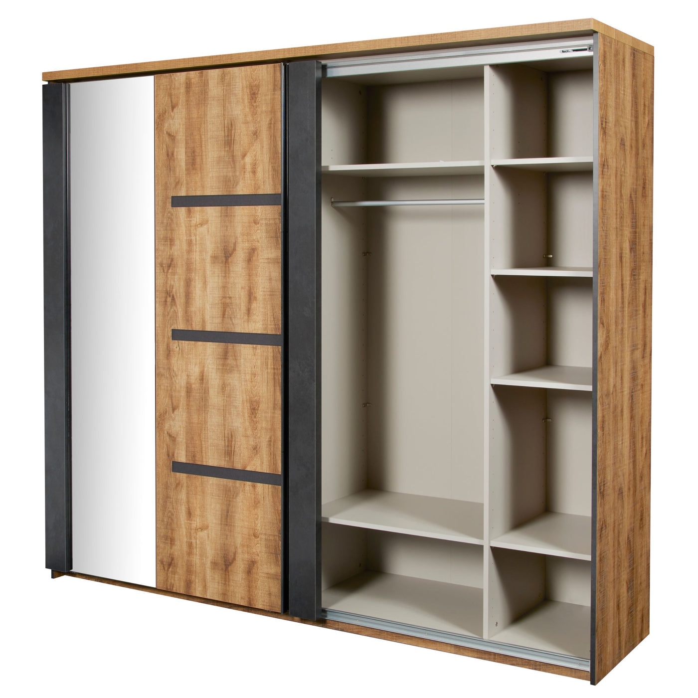 Intérieur armoire Pauline 217 cm : côté droit ouvert avec étagères et penderie