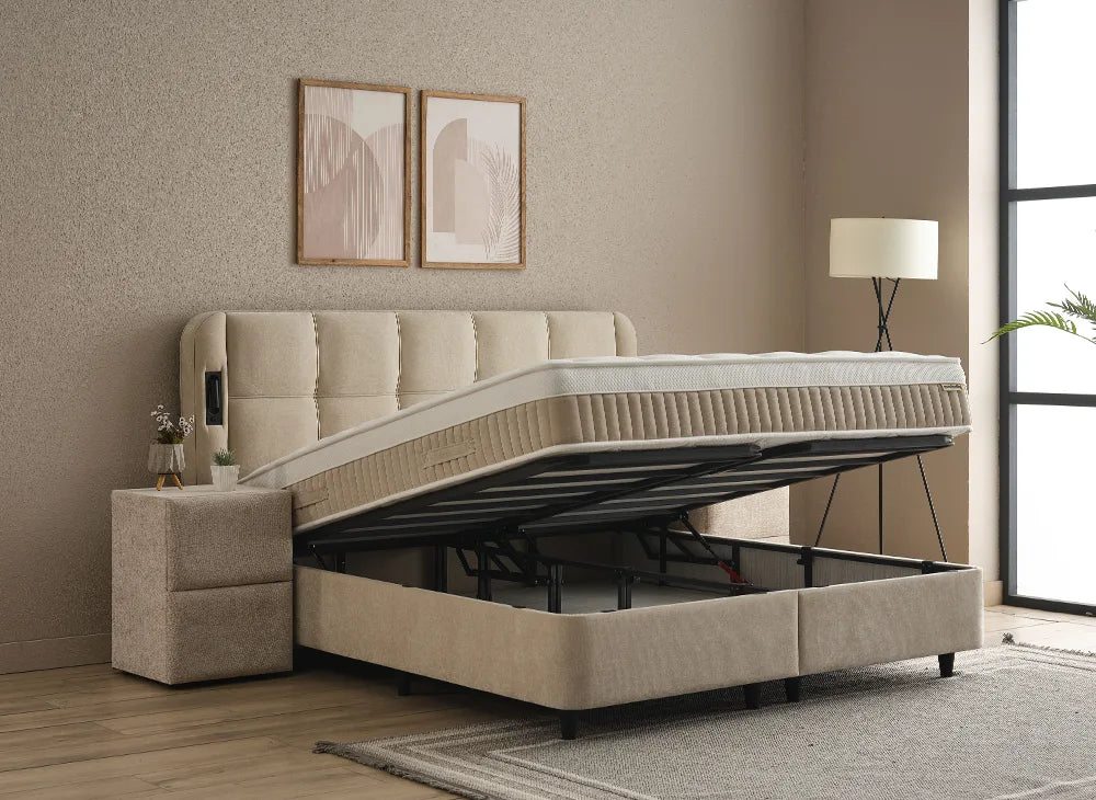 Lit Calma — Boxspring à coffres et tête de lit lumineuse