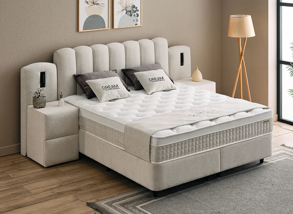 Lit Dream — Boxspring bouclé à coffres de rangement