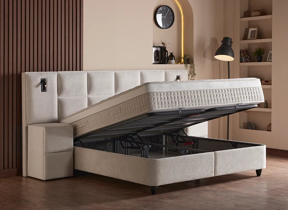 Lit Lennon — Boxspring bouclé à coffres et liseuses