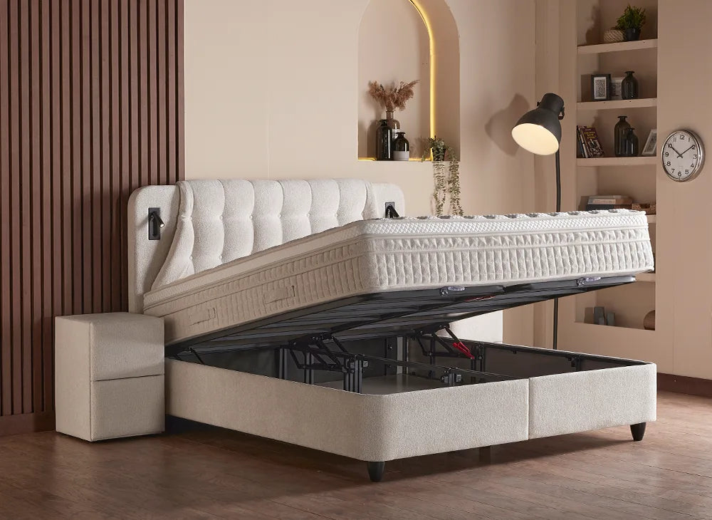 Lit Olimpia — Boxspring bouclé à coffres de rangement
