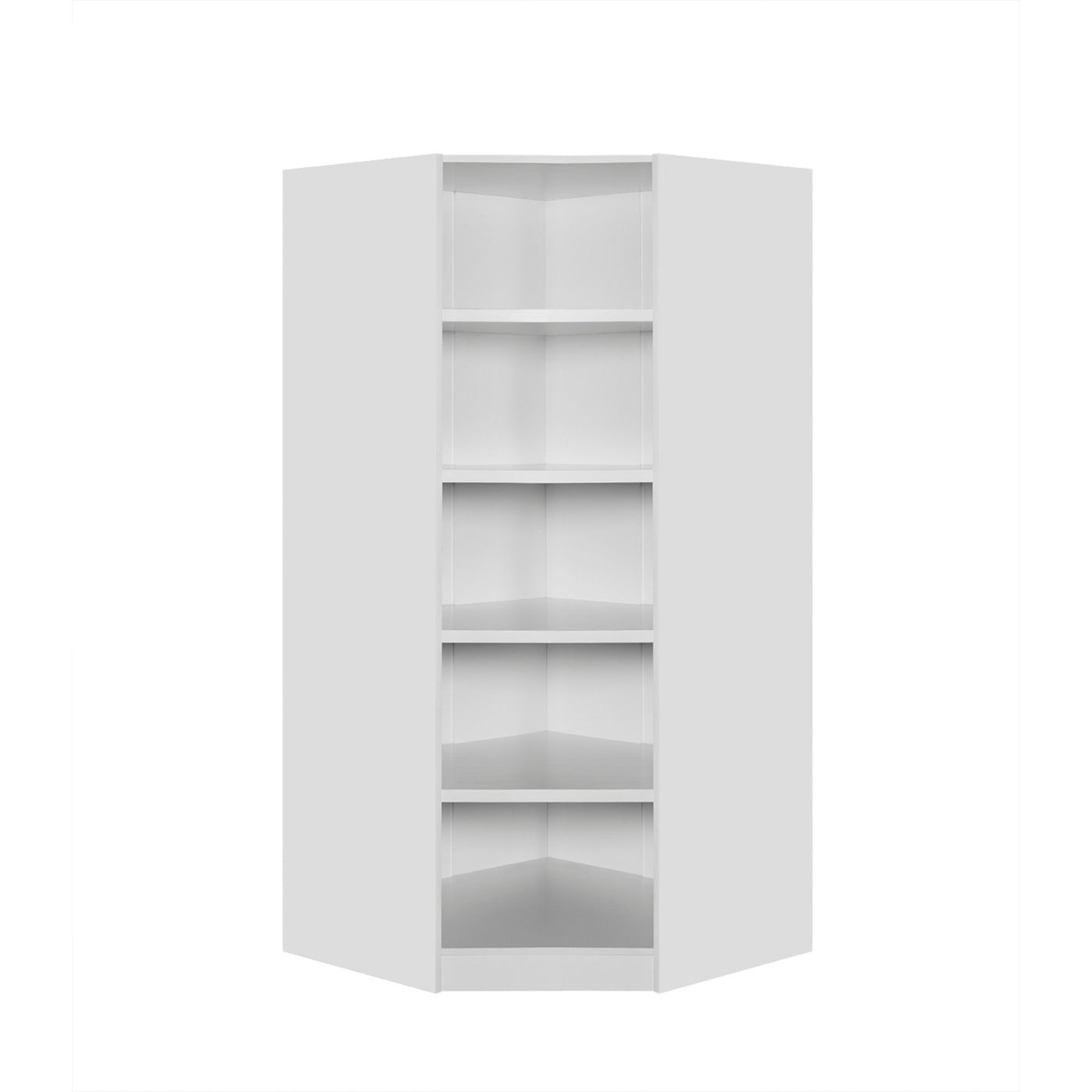 Rangement Systemix en décor papier sur panneaux de particules BLANC / ANTHRACITE, module d'angle blanc seul avec cinq niveaux d'étagères ouvertes vu de face