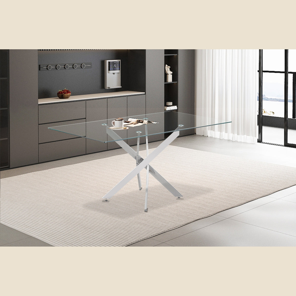 Table Lasi — Verre trempé, pieds chromés