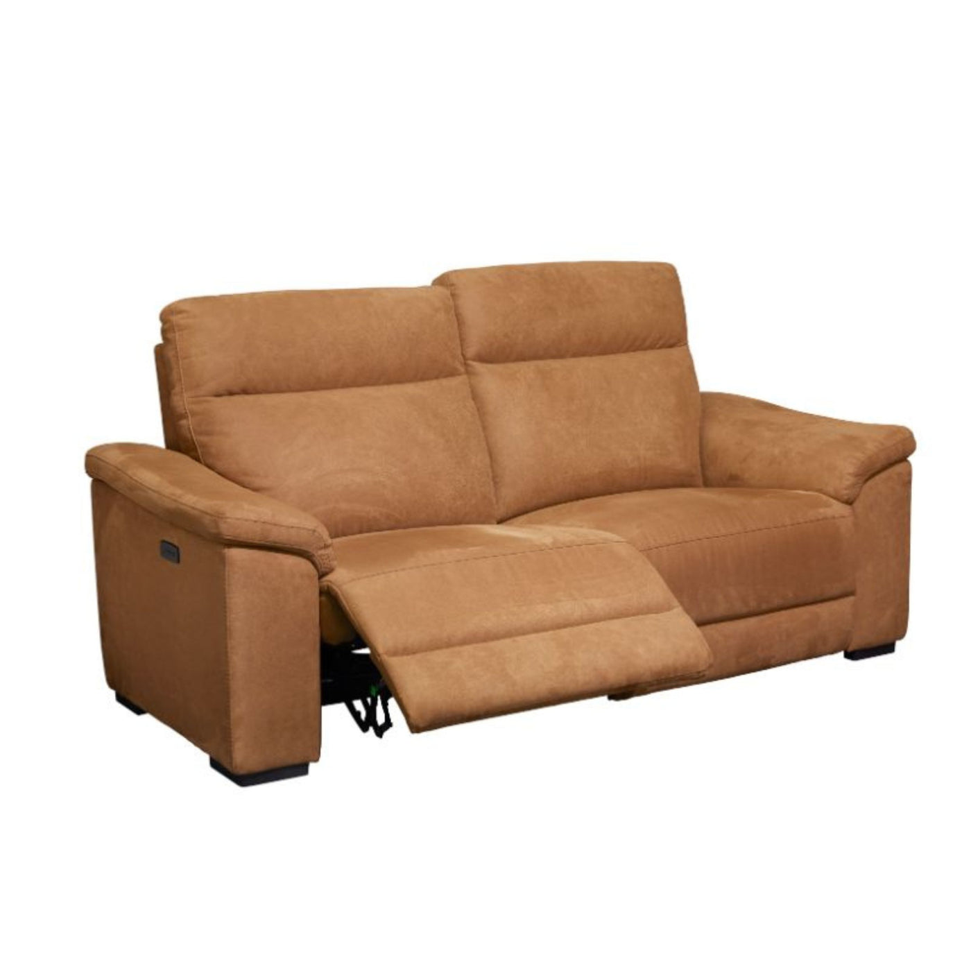 Canapé Mirabel 3 places relax électrique tissu Cognac — repose-pieds déployé