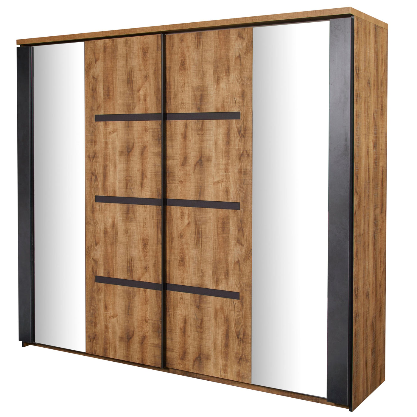 Armoire coulissante Pauline 245 cm fermée, portes chêne doré et miroirs latéraux, montants DARK STONE