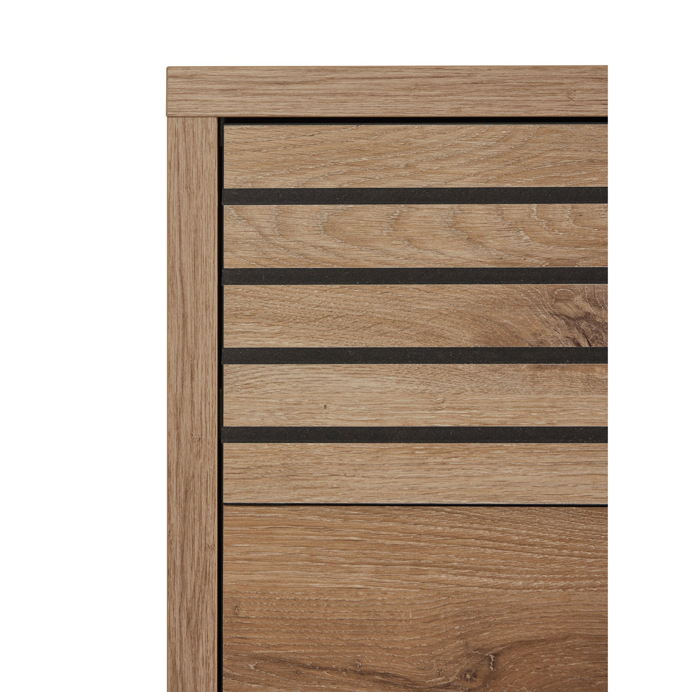 Détail angle commode Tanya CANYON OAK : finition bord et rainures ELEGANT BLACK