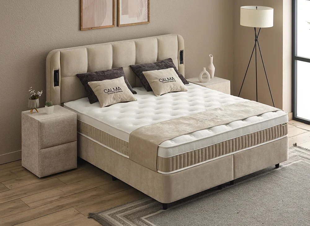 Lit Calma — Boxspring à coffres et tête de lit lumineuse