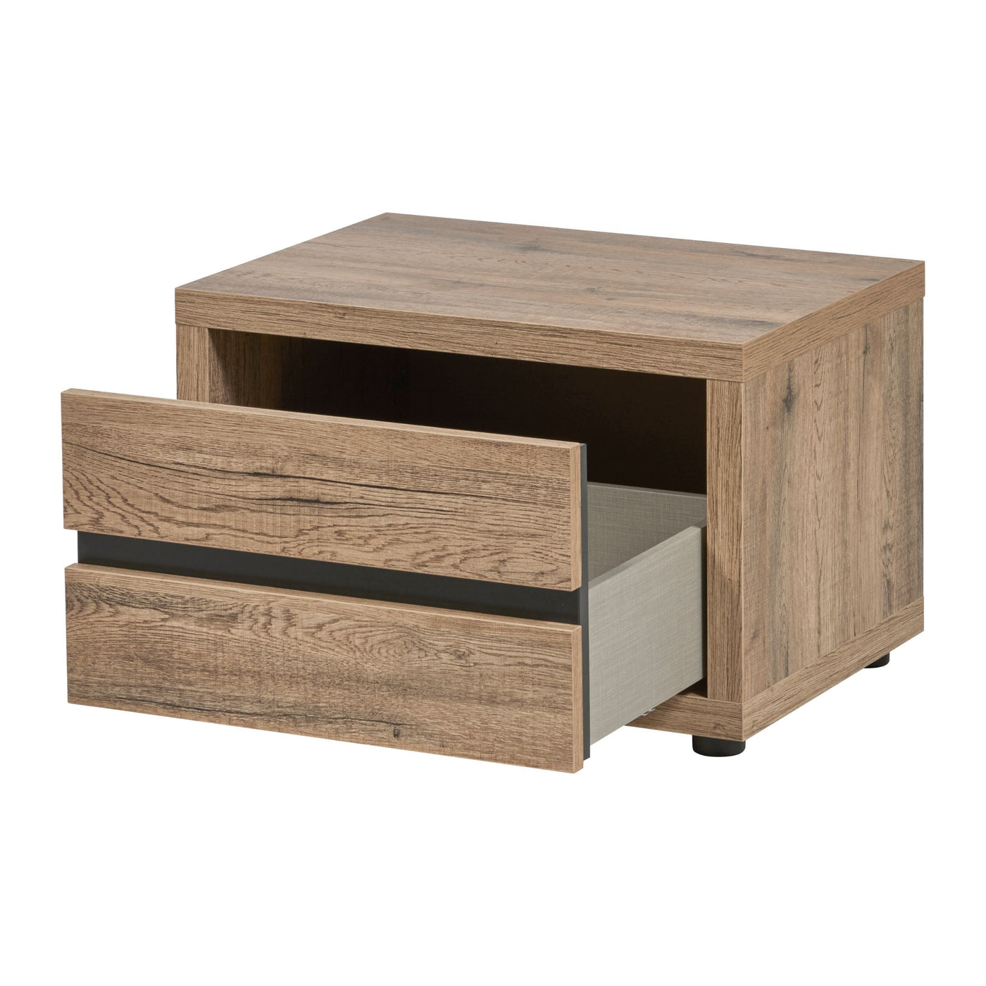 Chevet Olivia 2 tiroirs SCARLET OAK, tiroir supérieur ouvert en softclose