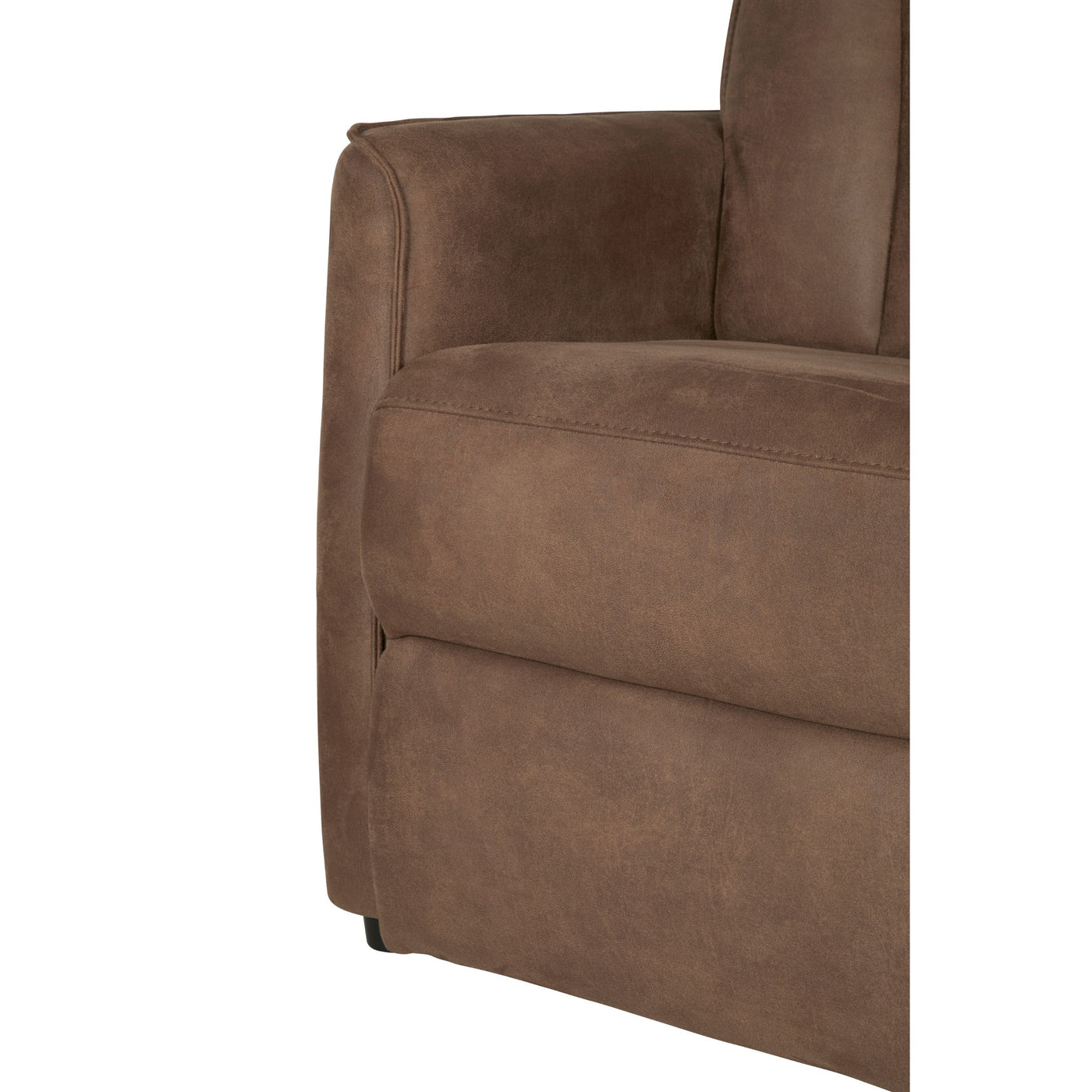 Fauteuil relax Levi en tissu brun foncé, détail de l'accoudoir