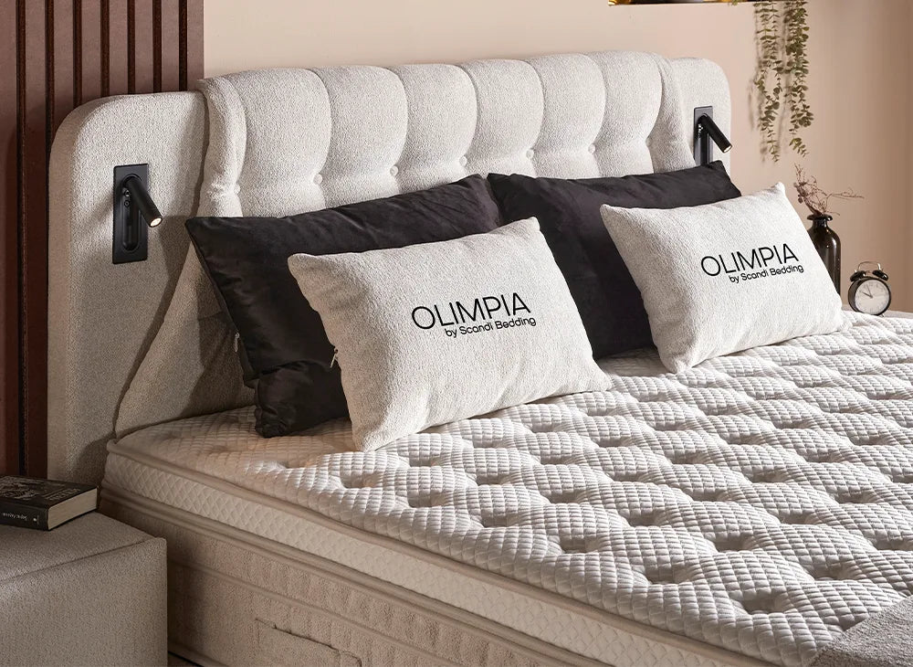 Lit Olimpia — Boxspring bouclé à coffres de rangement