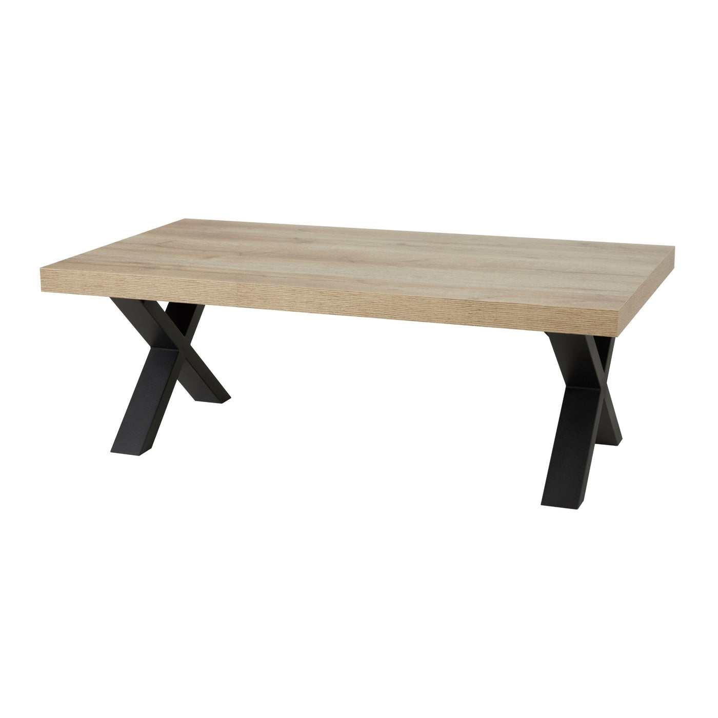 Salle à manger Rico (bi-ton Arizona Oak & Nero), table basse rectangulaire chêne clair à pieds X noirs en vue trois-quarts sur fond blanc