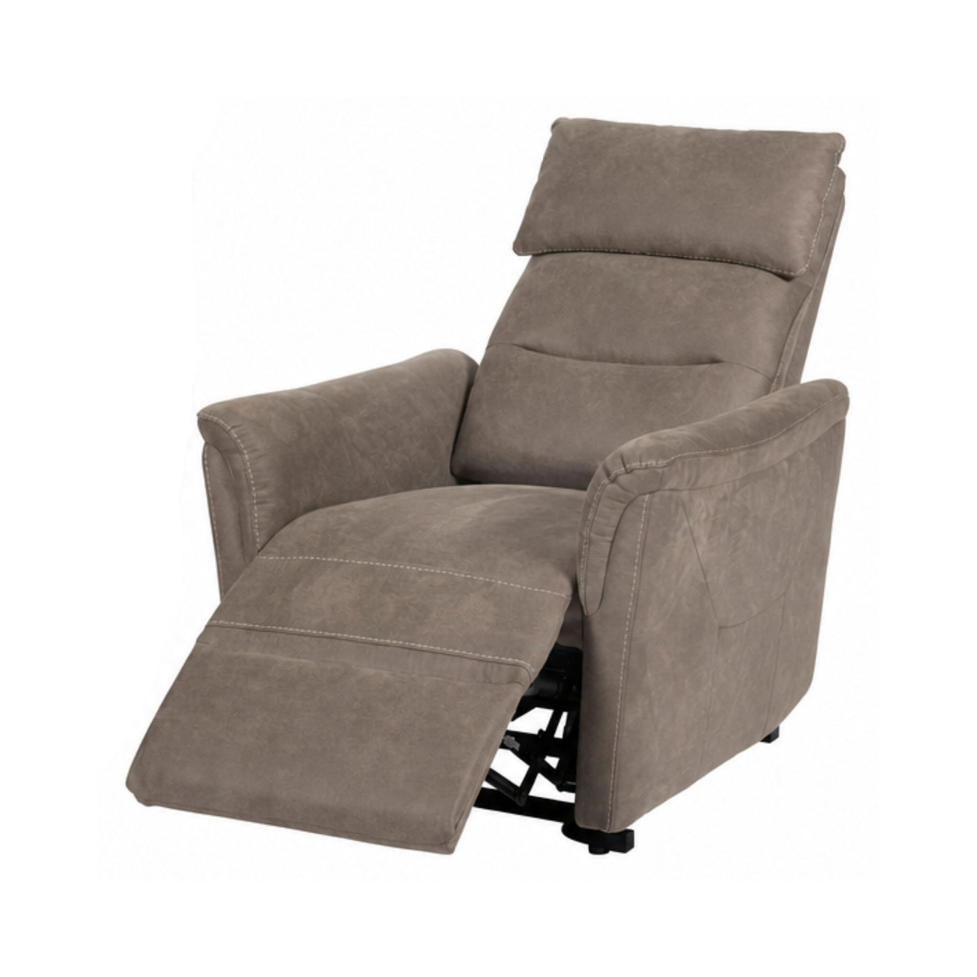 Fauteuil relax Mayenne en tissu taupe, vue de trois-quarts, position relax déployée