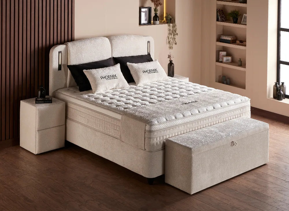 Lit Phoenix — Boxspring bouclé à coffres de rangement