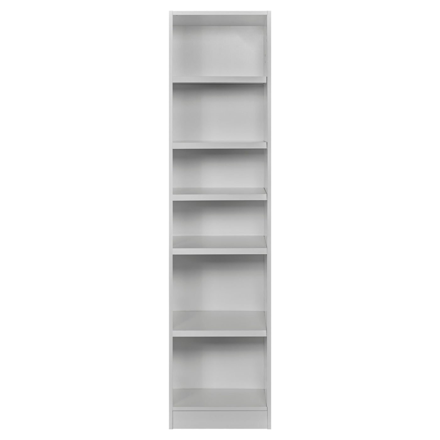 Rangement Systemix en décor papier sur panneaux de particules BLANC / ANTHRACITE, colonne d'étagères ouvertes blanche haute et étroite à six niveaux, vue de face