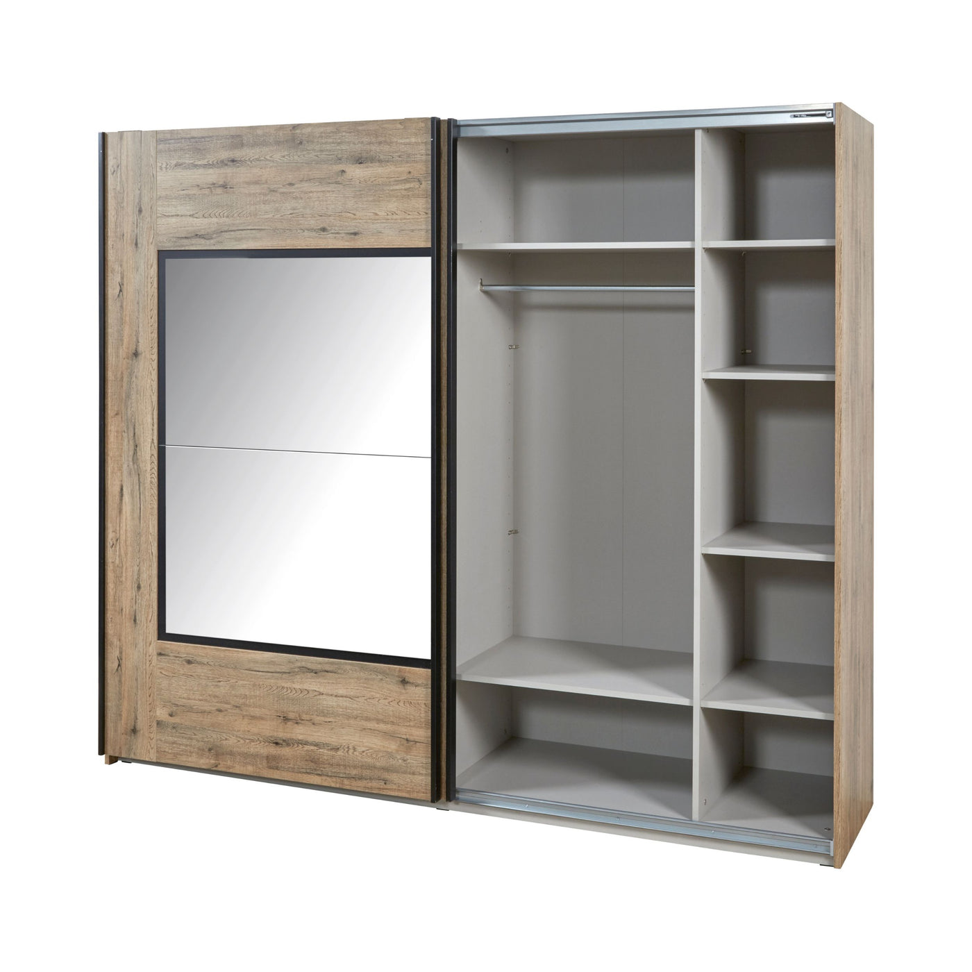 Intérieur armoire Olivia 245 cm : penderie avec tringle et colonne d'étagères côté droit, porte miroir ouverte